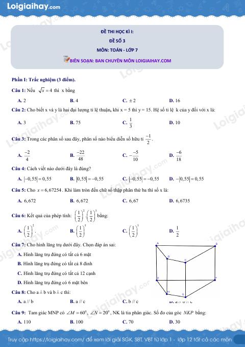 Đề thi học kì 1 Toán 7 - Đề số 3 - Cánh diều